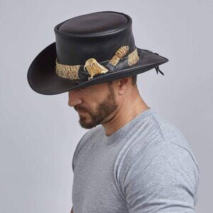 American Hat Makers Black Leather Top Hat XXL Rattlesnake Band Pale Rider‎